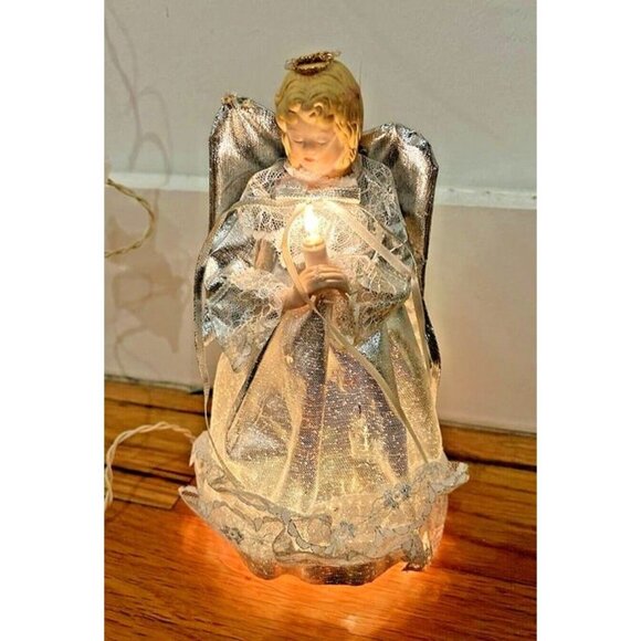 Vintage 10 Light Angel Porcelain Head Silver Dress Christmas Tree Topper 8.5" - Picture 1 of 8